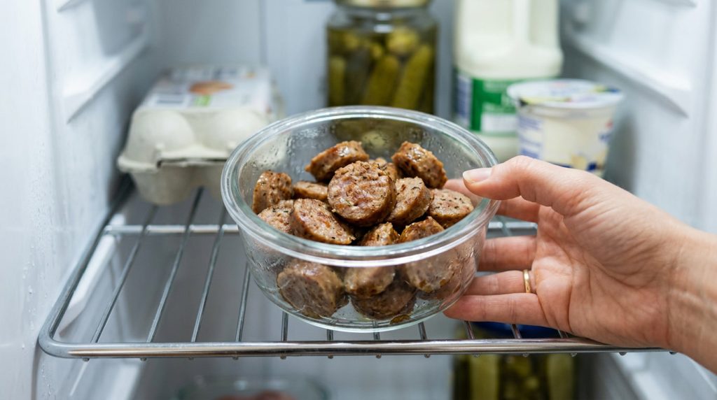 Grilled sausages cooling in a shallow lidded container beside a labelled freezer bag of cooked links