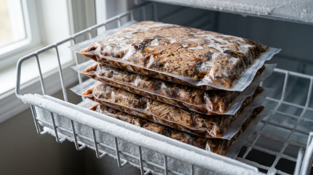 Pulled pork spread in several shallow containers ready to go into the refrigerator