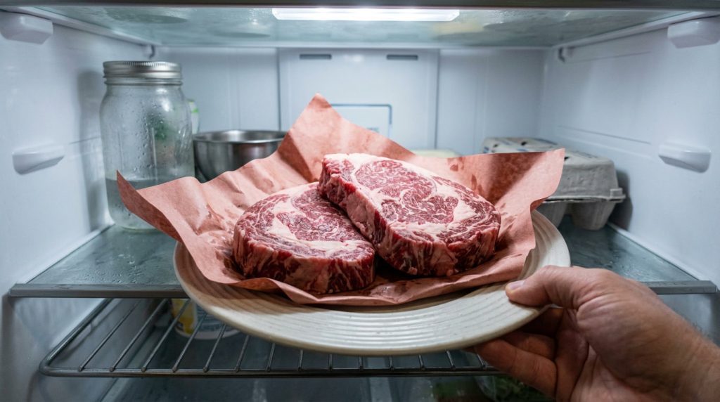 Raw steaks on a plate on the bottom shelf of a refrigerator, wrapped in plastic