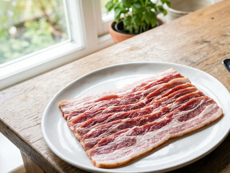 Raw bacon strips on a white plate showing pink lean and white fat