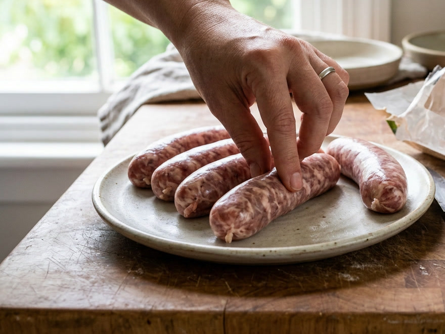 A hand pressing a raw sausage link on a plate to check its texture