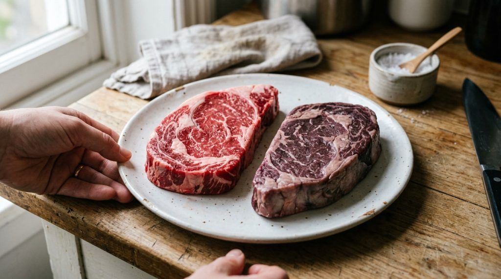 Raw steak from an opened vacuum pack showing a purple-brown surface on a cutting board