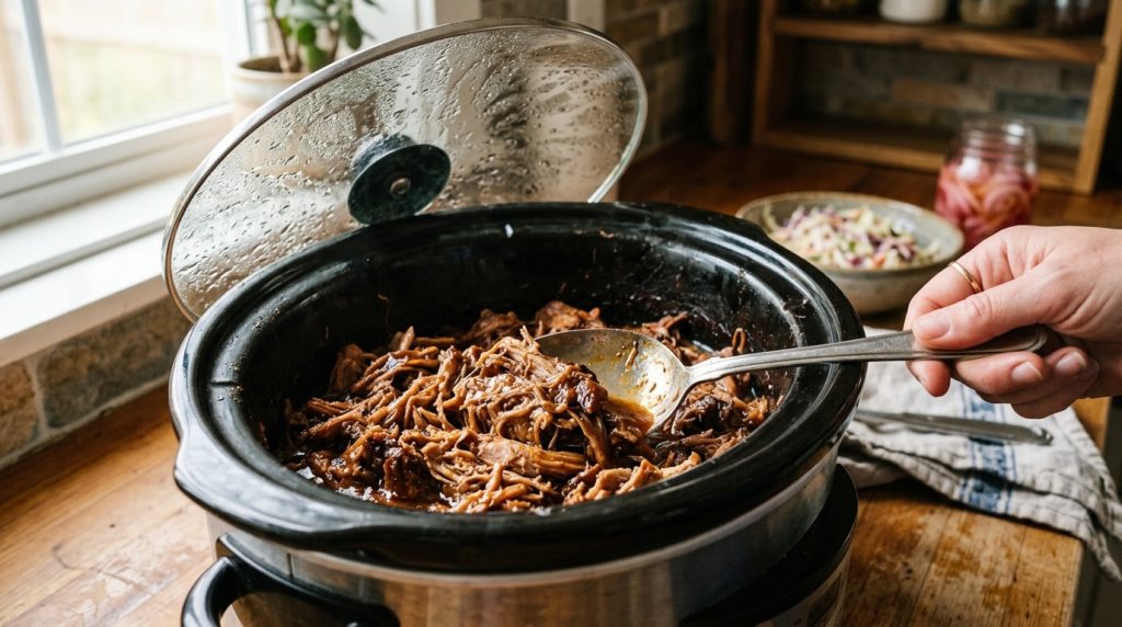 Slow cooker full of shredded pulled pork with the lid tilted open