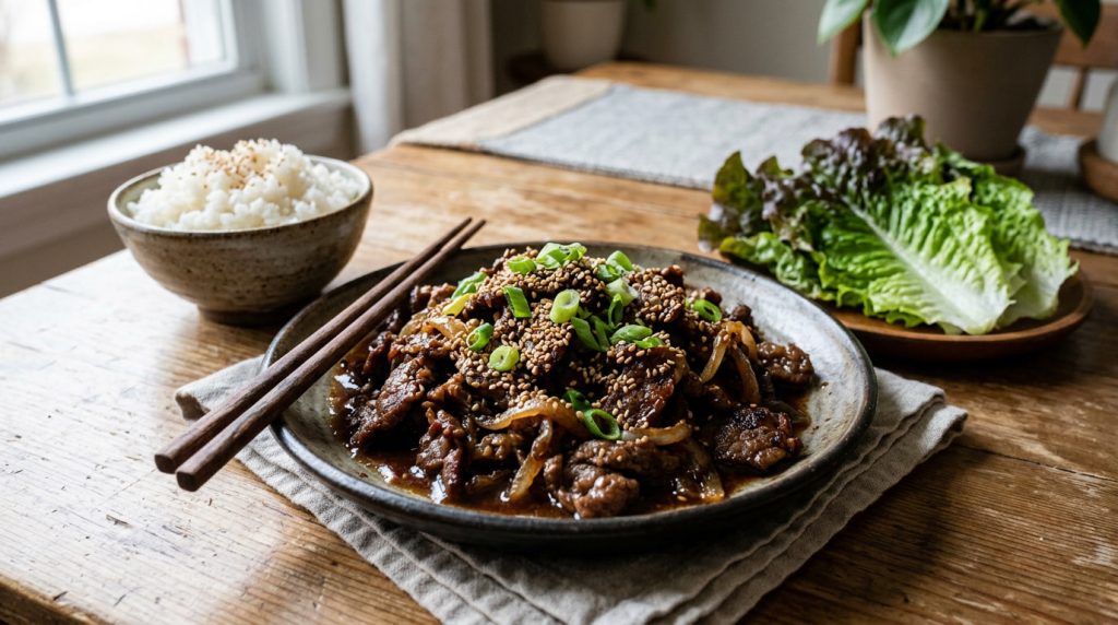Cooked bulgogi beef on a plate with rice, lettuce leaves and chopsticks