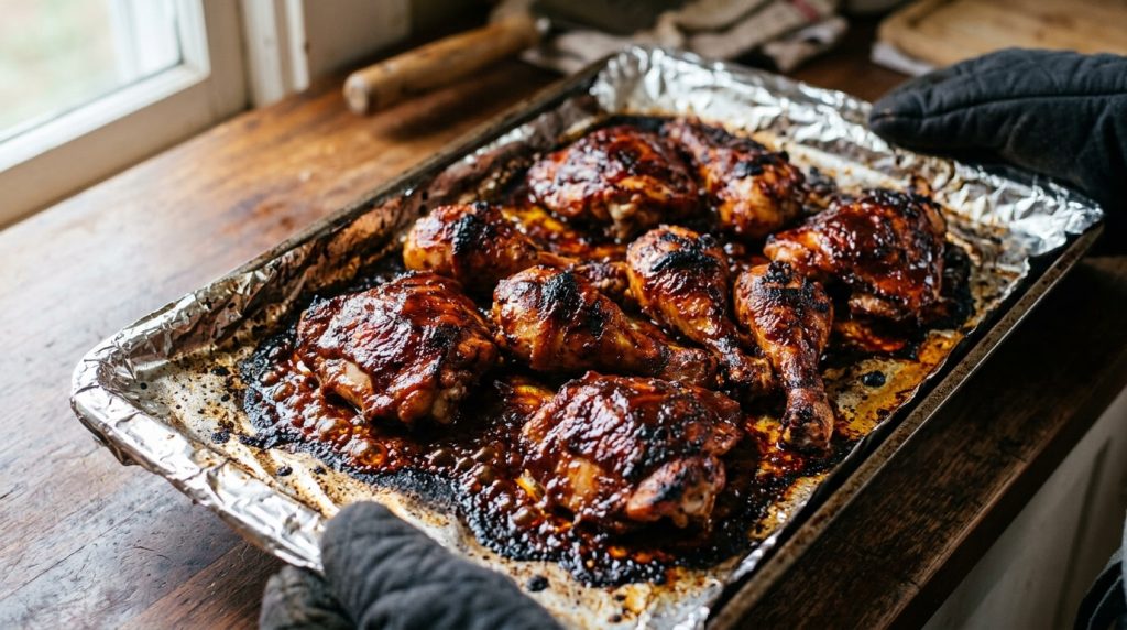 Barbecue glazed chicken pieces on a foil lined tray out of the oven