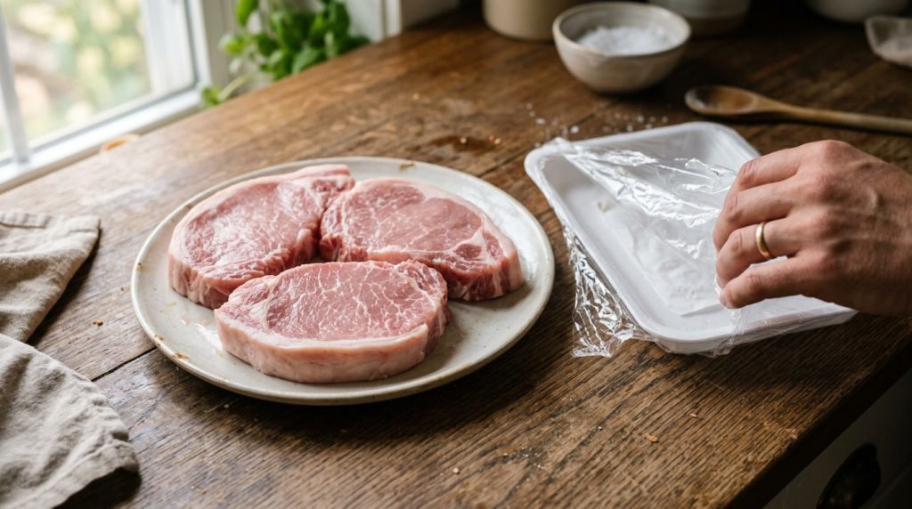 Fresh pork chops on a plate being checked by hand in a kitchen