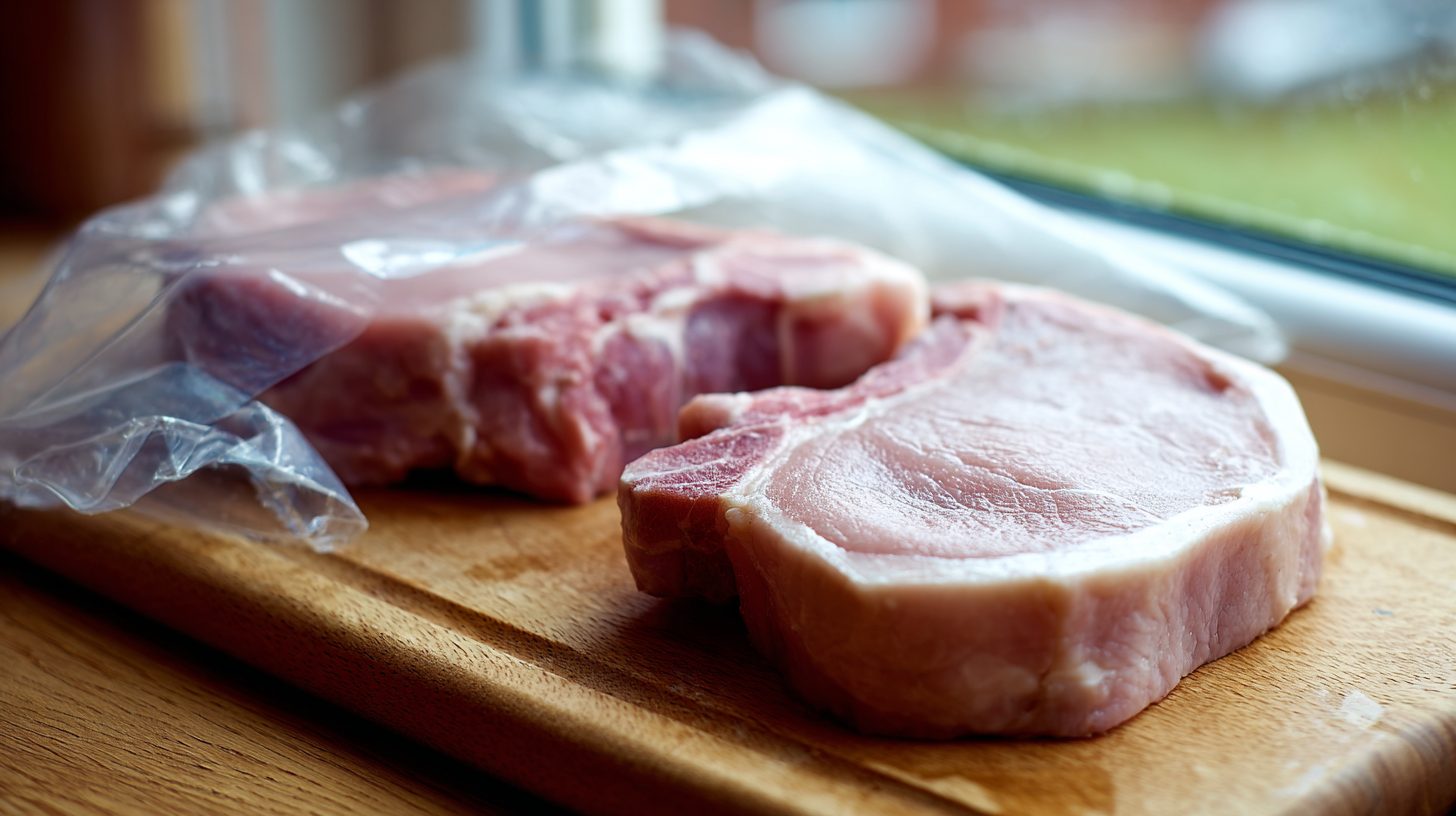 Raw pork chops on a cutting board, healthy pink colour, being checked for freshness