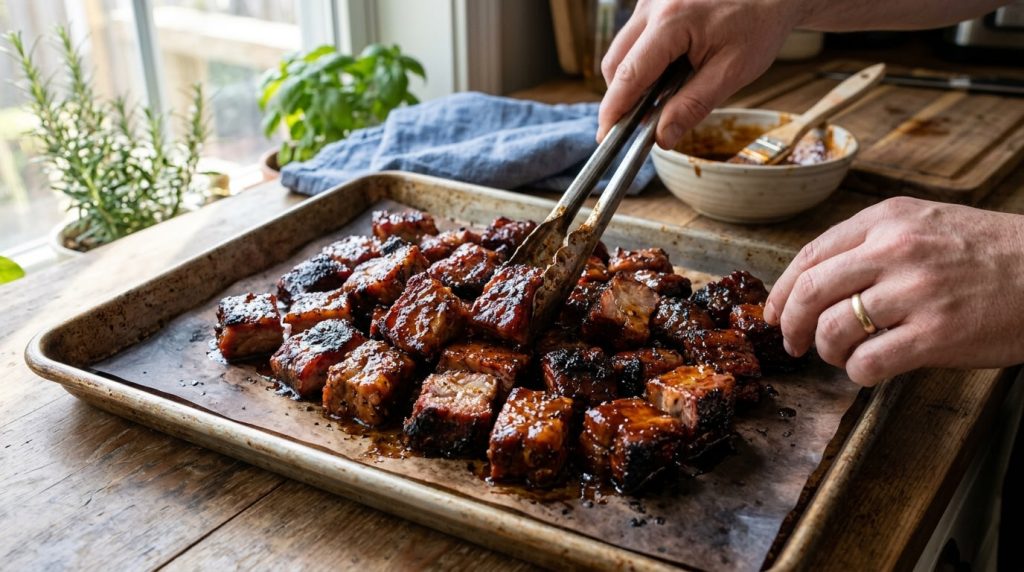 Glazed and caramelised pork rib tips on a sheet tray