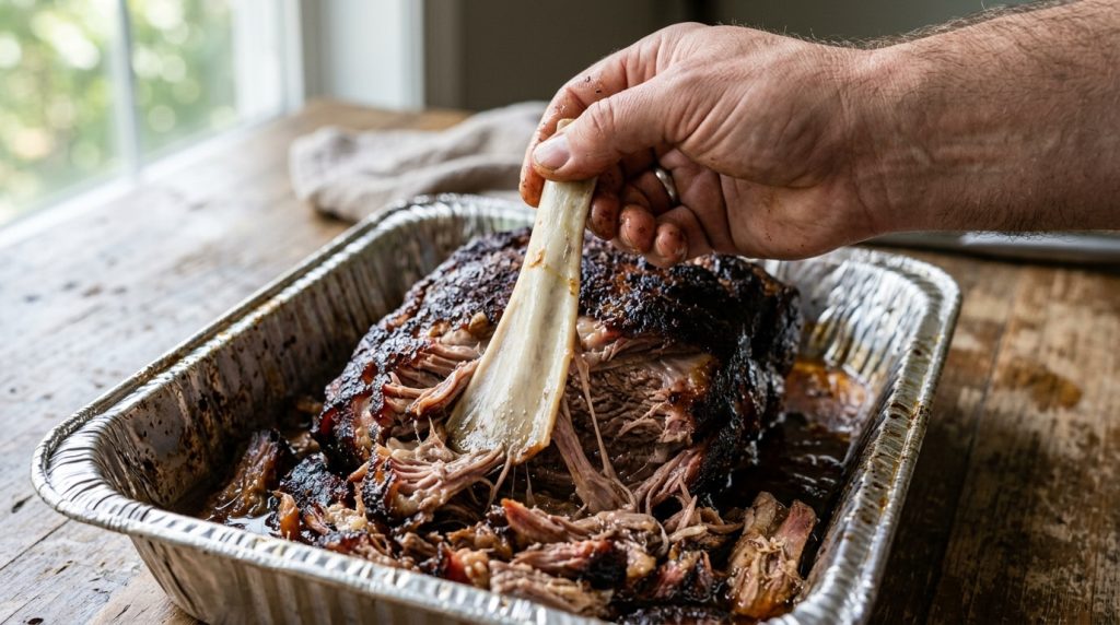 Blade bone being twisted out of a finished pork shoulder