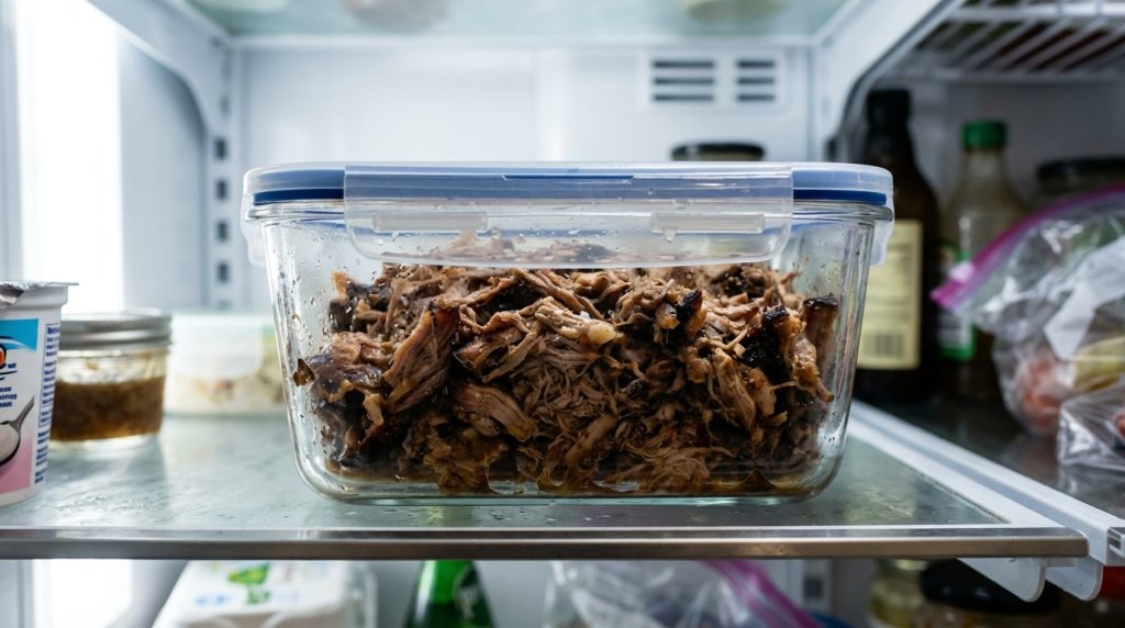 Pulled pork packed into a shallow lidded container on a fridge shelf