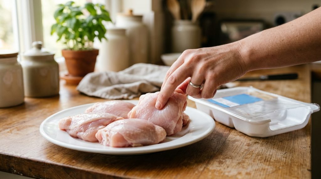 Raw chicken thighs on a plate being checked in a bright kitchen