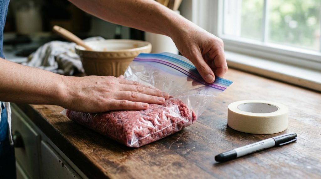 Hands pressing the air out of a freezer bag of ground beef beside tape and a marker