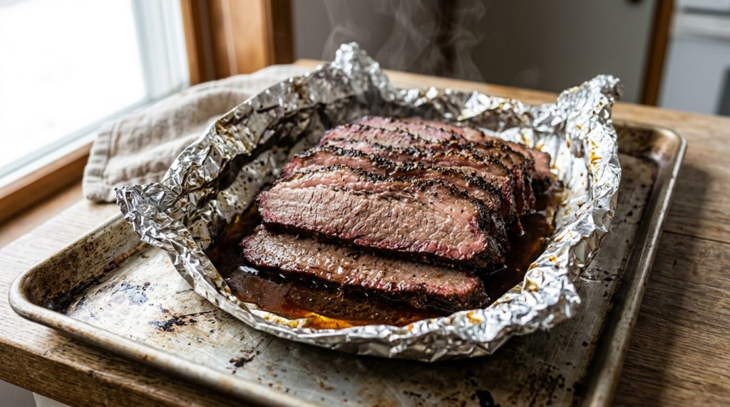 Slices of smoked brisket stacked in an open foil packet with stock at the bottom
