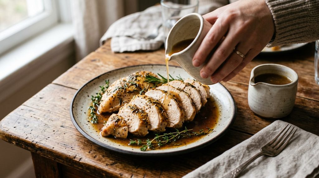 Pan juices being poured over sliced reheated chicken on a plate