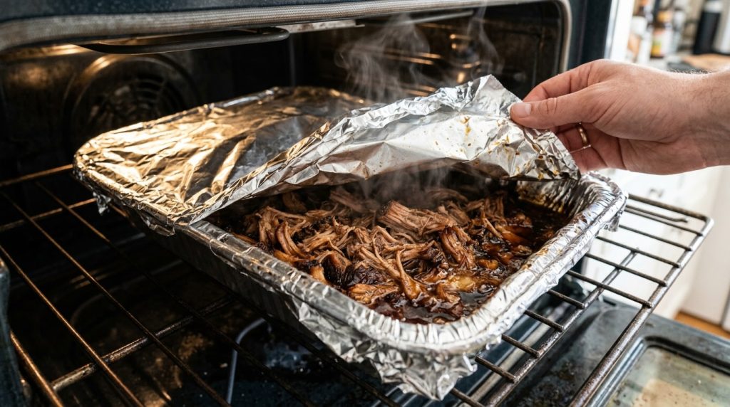 Foil covered pan of pulled pork in the oven with steam escaping from one corner
