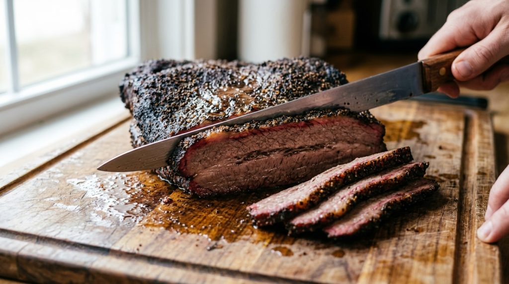 Sliced rested brisket on a board with the point separated from the flat