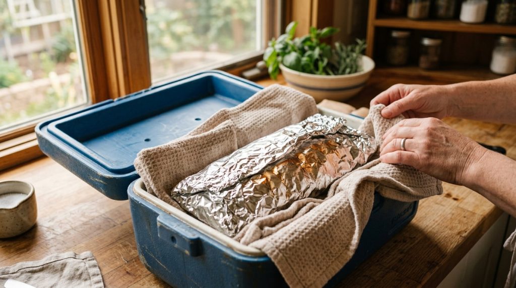 Foil wrapped rack of ribs packed in towels inside an open cooler
