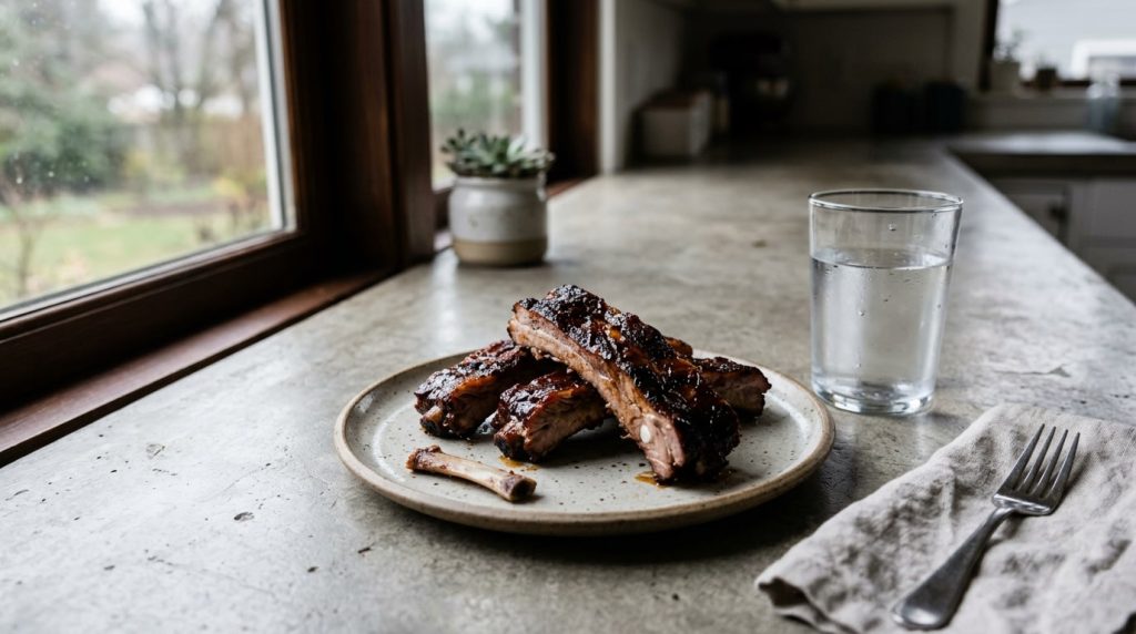 Leftover barbecue ribs left on a kitchen counter overnight