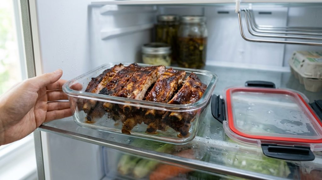 Cooked ribs in a shallow airtight container on a refrigerator shelf
