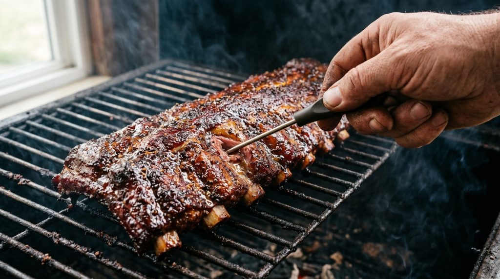 Thin thermometer probe sliding into the meat between two pork rib bones