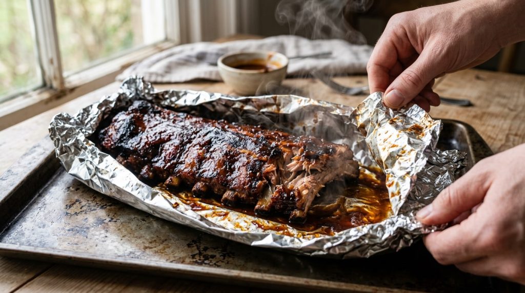 Rack of cooked ribs wrapped in foil with liquid, steam escaping from one end