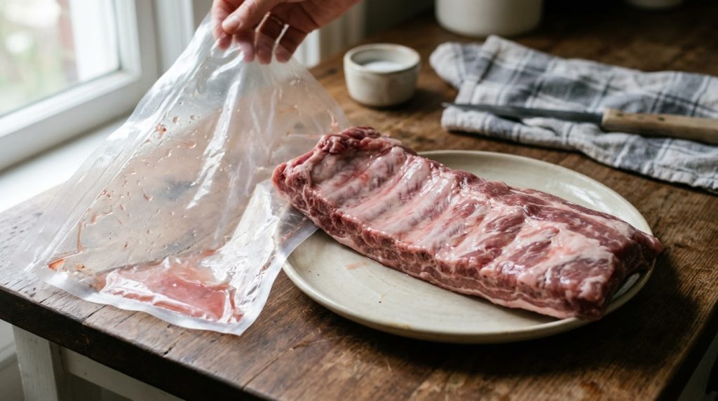 Opened vacuum pack of raw ribs with the meat resting on a plate to air out