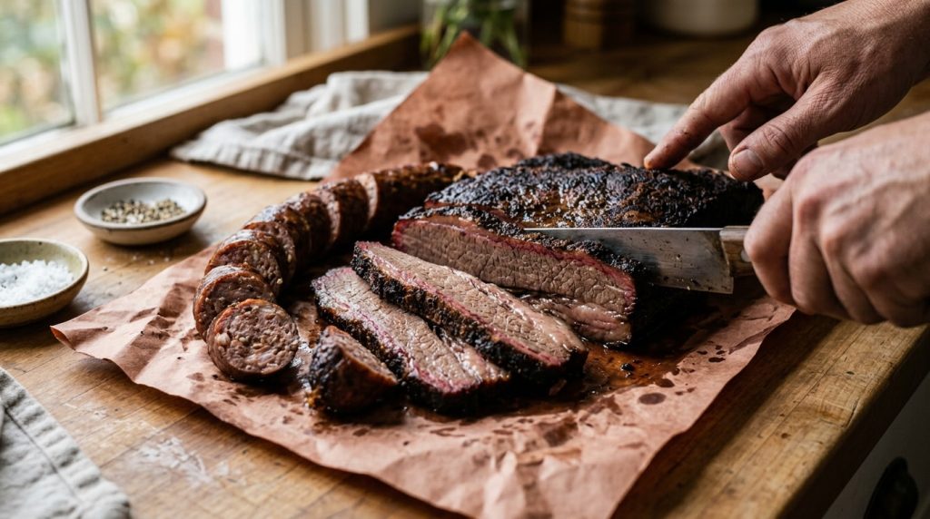 Sliced smoked beef and sausage on butcher paper with a visible smoke ring