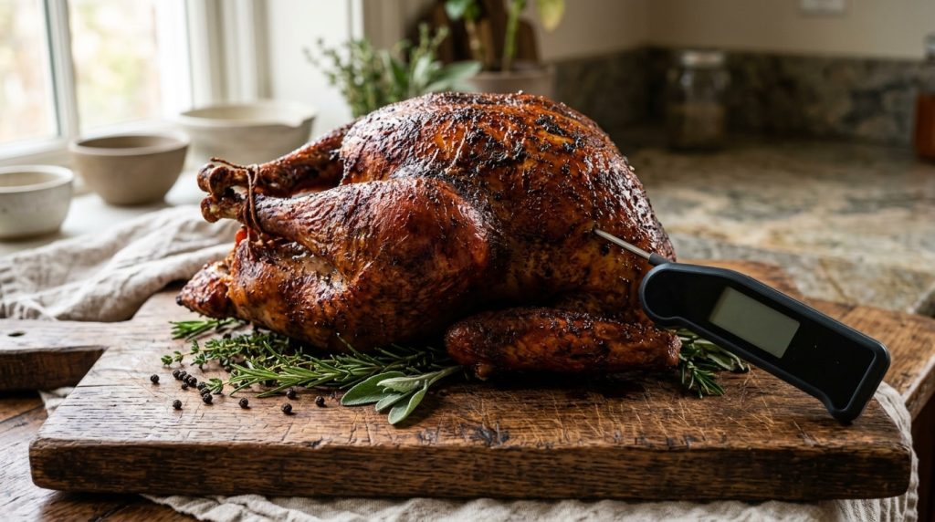 Smoked whole turkey resting on a carving board with a thermometer beside it