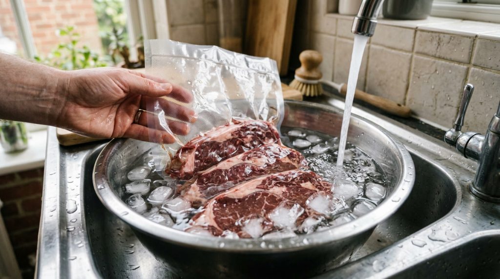 A sealed pack of steak thawing in a bowl of cold water in the sink