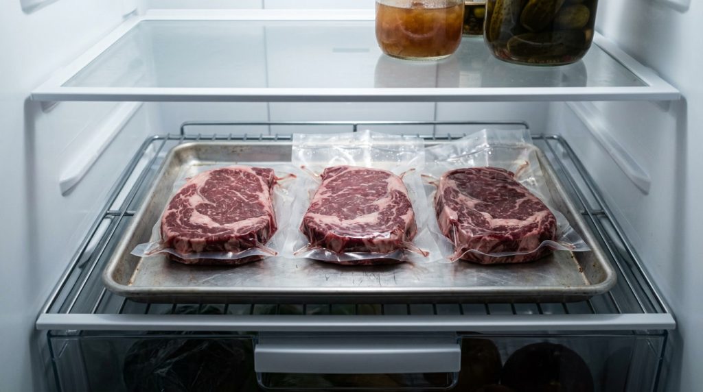 Sealed packs of raw steak on a tray on the bottom shelf of a refrigerator