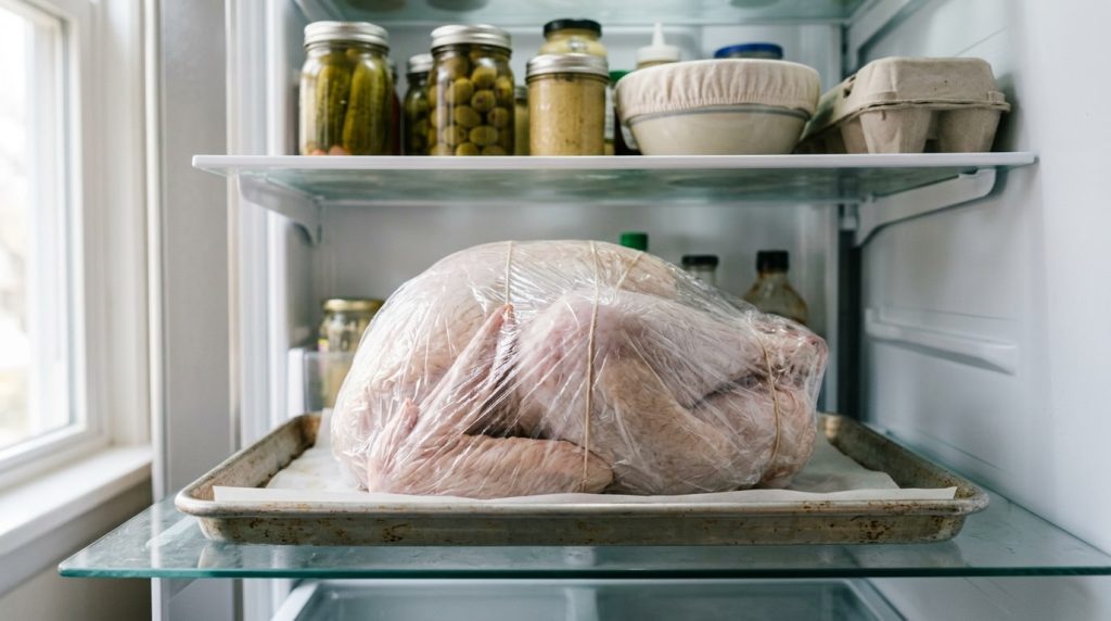 Wrapped raw turkey thawing on a tray on the bottom shelf of a refrigerator