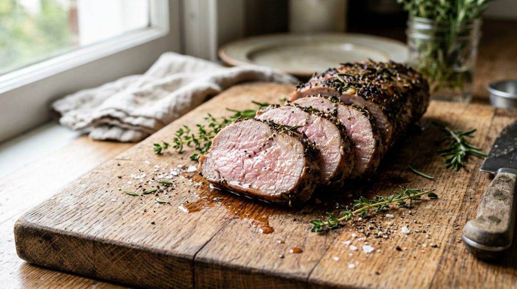 A roasted pork tenderloin resting on a cutting board, sliced to show a slightly pink, juicy centre