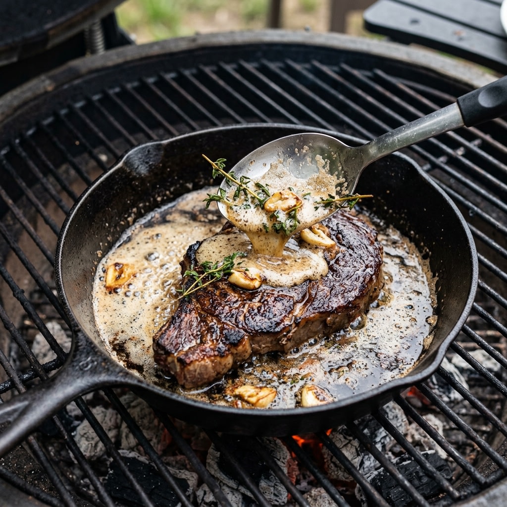 A black cast-iron skillet on a hot grill grate, with foaming brown butter, garlic and thyme being spooned over a seared thick steak