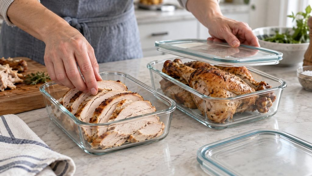 Hands packing sliced turkey breast and whole drumsticks into shallow glass containers