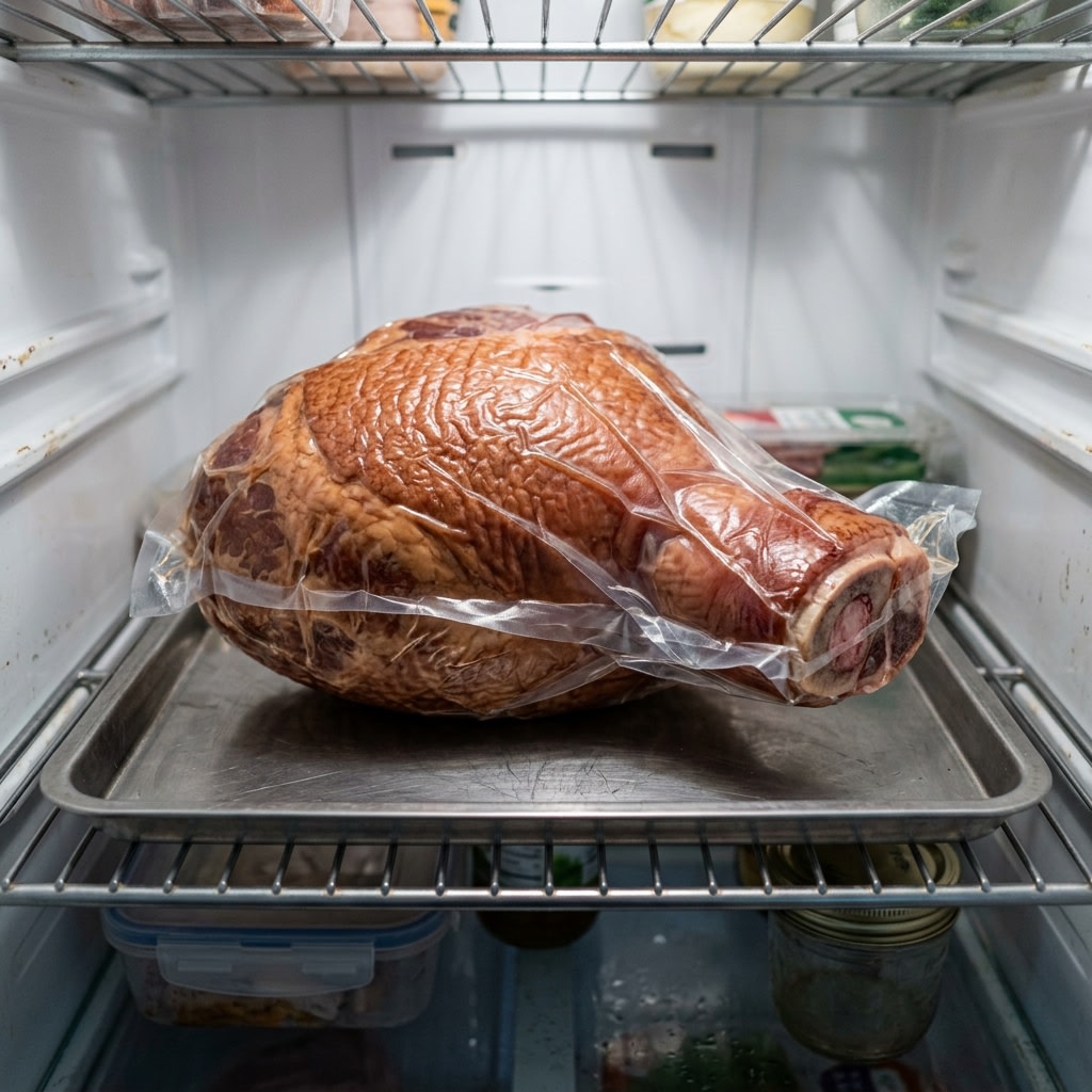 Sliced leftover holiday ham packed into shallow containers next to an opened vacuum-sealed ham package