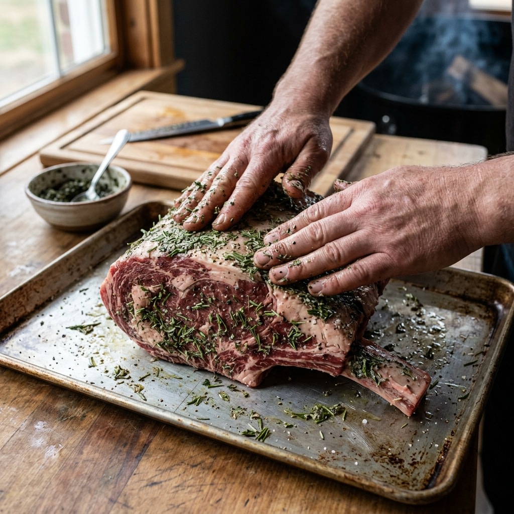 Bone-in rib roast on a smoker grate with a probe thermometer wire running to the centre of the thickest part