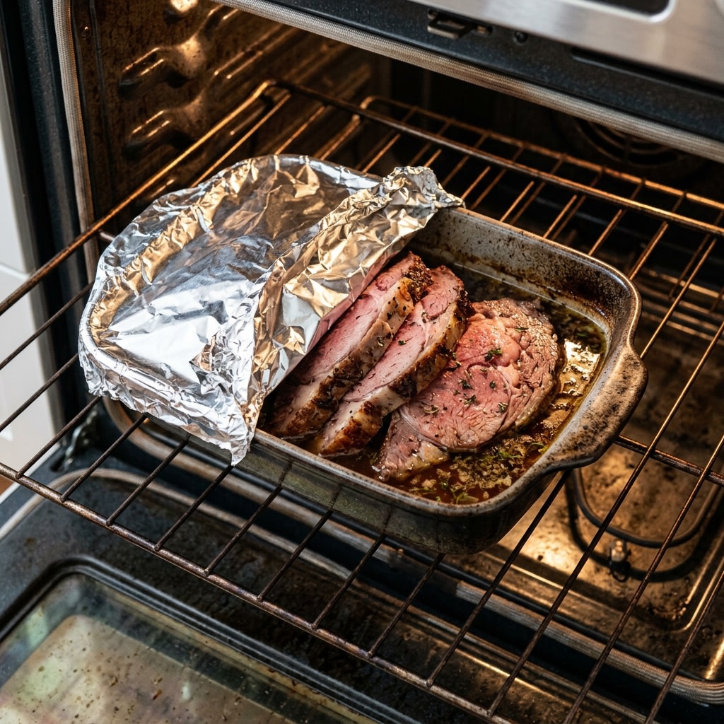 Thin slices of leftover prime rib in a baking dish with a splash of broth, ready to be covered with foil