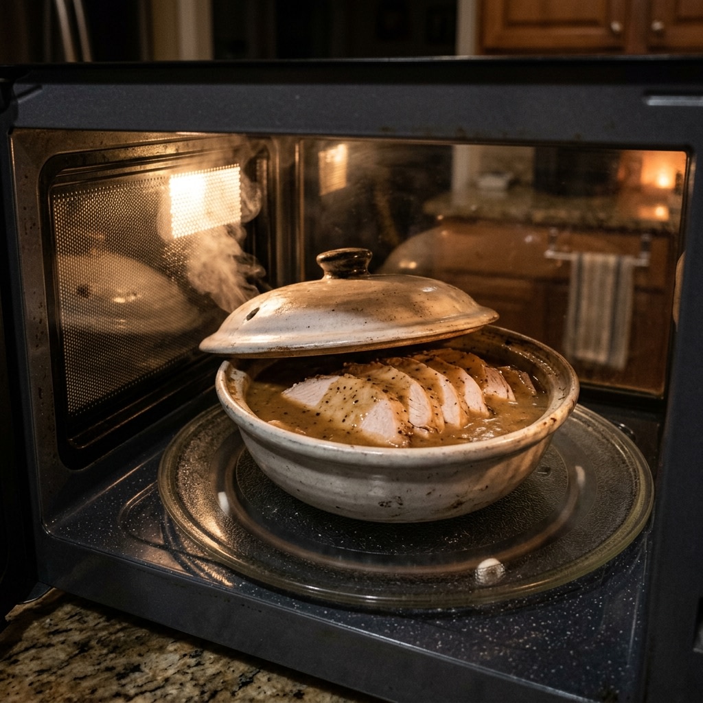 Sliced turkey breast and whole legs in a covered baking dish with broth