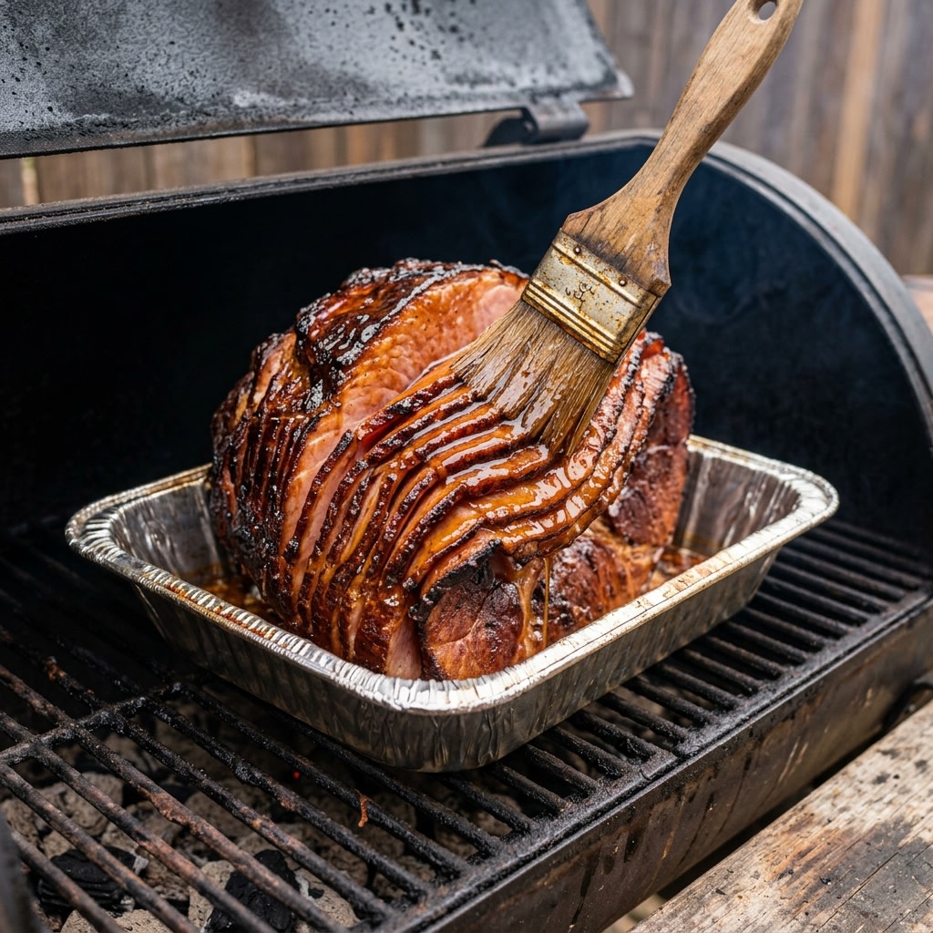 Spiral-cut ham in a foil pan on a smoker grate, brushed with a brown sugar glaze
