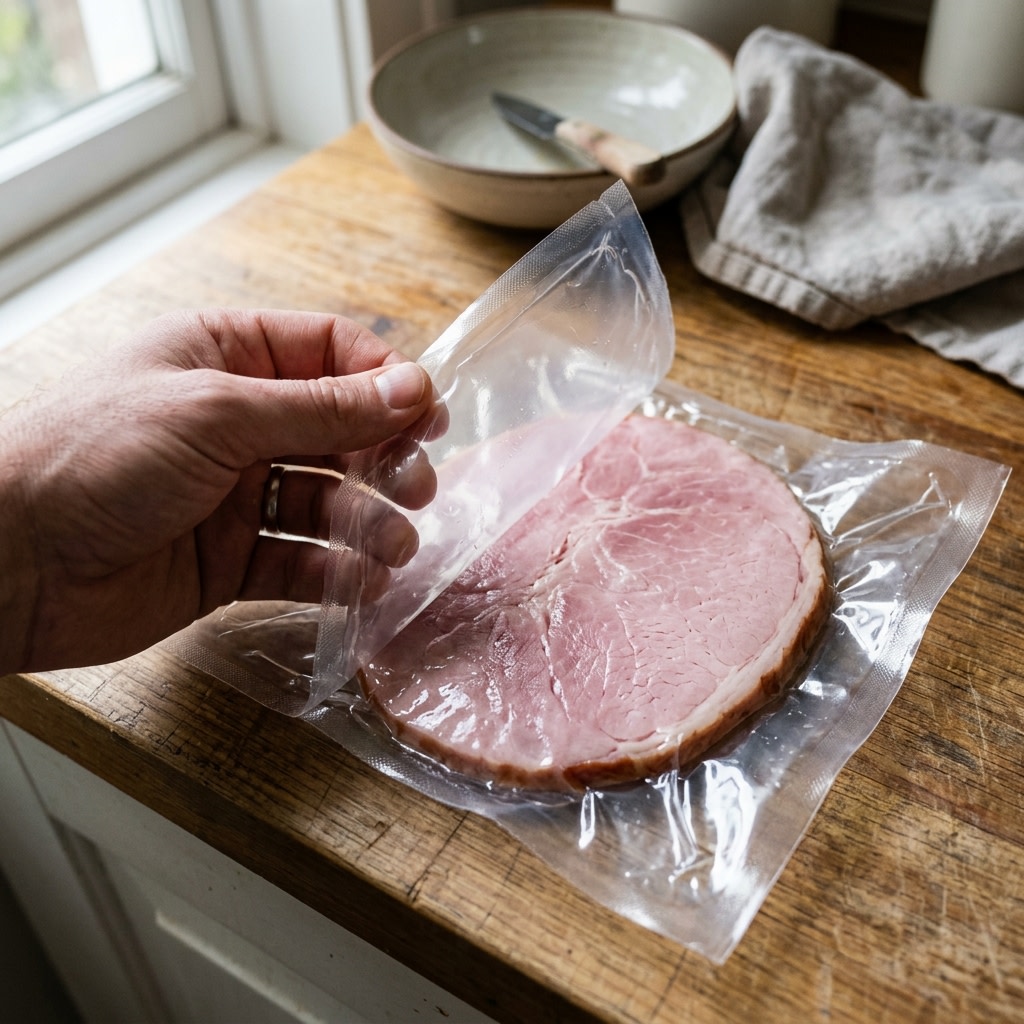 Slices of leftover cured ham on a cutting board beside an opened vacuum-sealed ham package