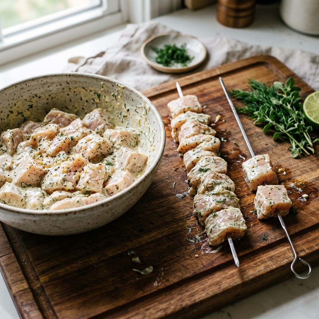 Cubes of raw chicken coated in a yogurt, lemon and herb marinade in a large bowl, with several being threaded onto metal skewers on a wooden board