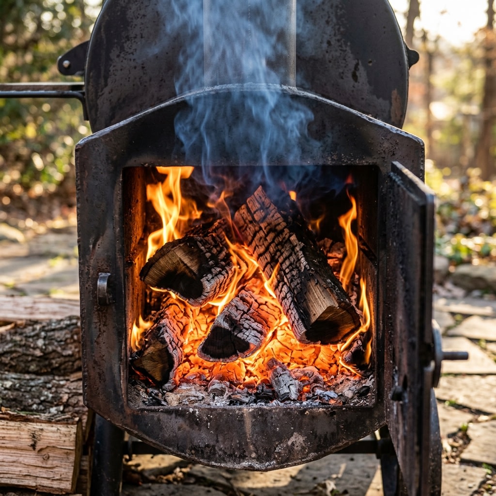 Oak logs burning down to coals in the firebox of an offset smoker