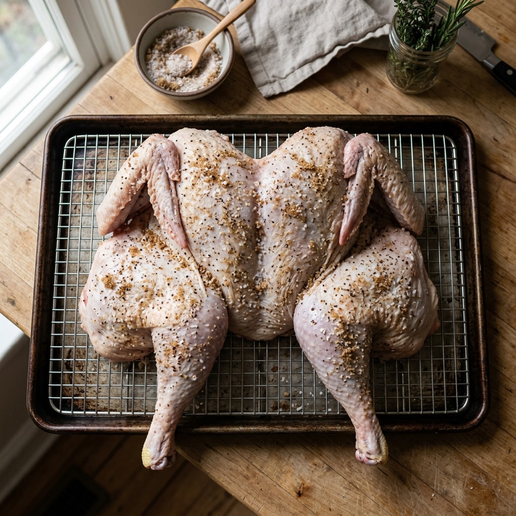 A raw spatchcocked turkey on a wire rack with a salt and brown sugar dry brine