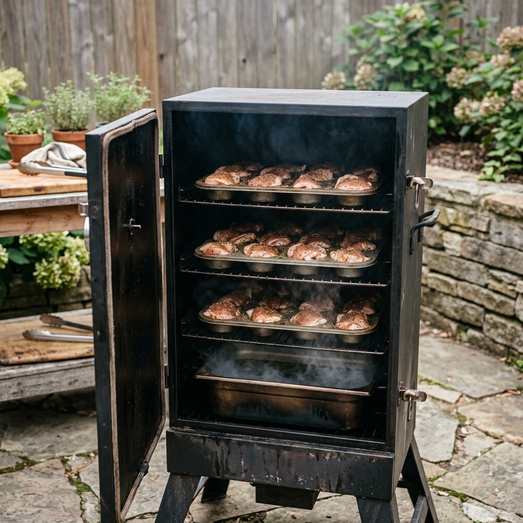 A cabinet-style smoker with its door open showing several loaded racks of chicken