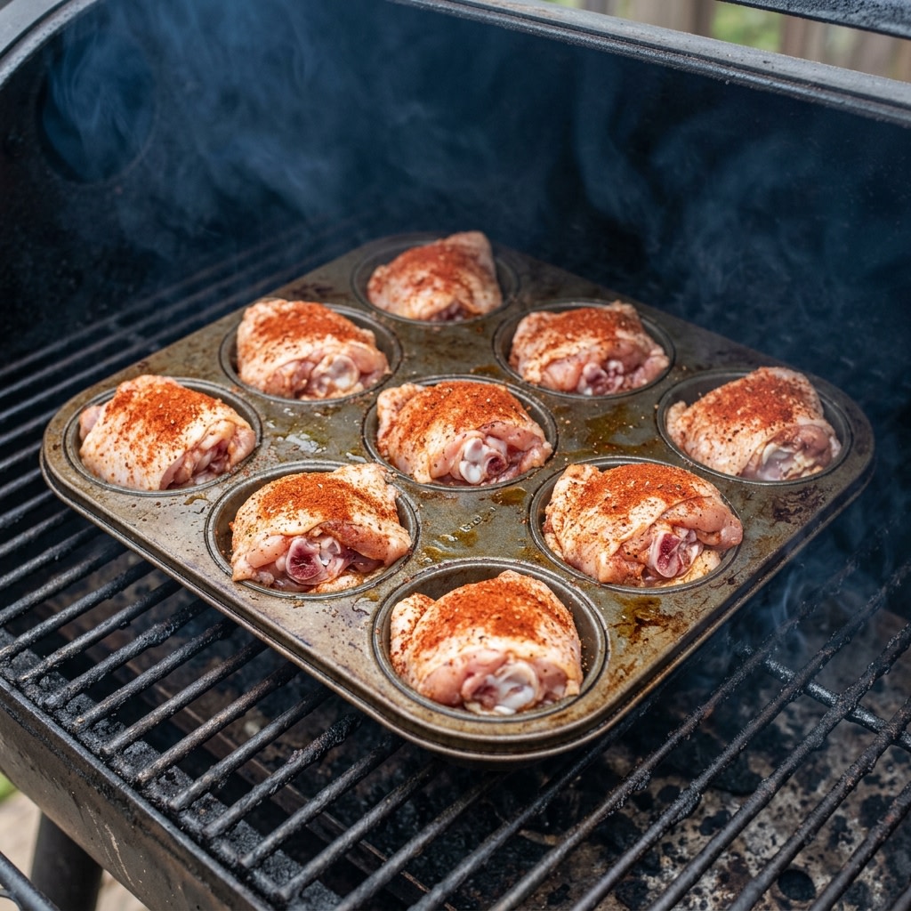 Raw trimmed chicken thighs with a paprika rub tucked skin side down into a muffin tin