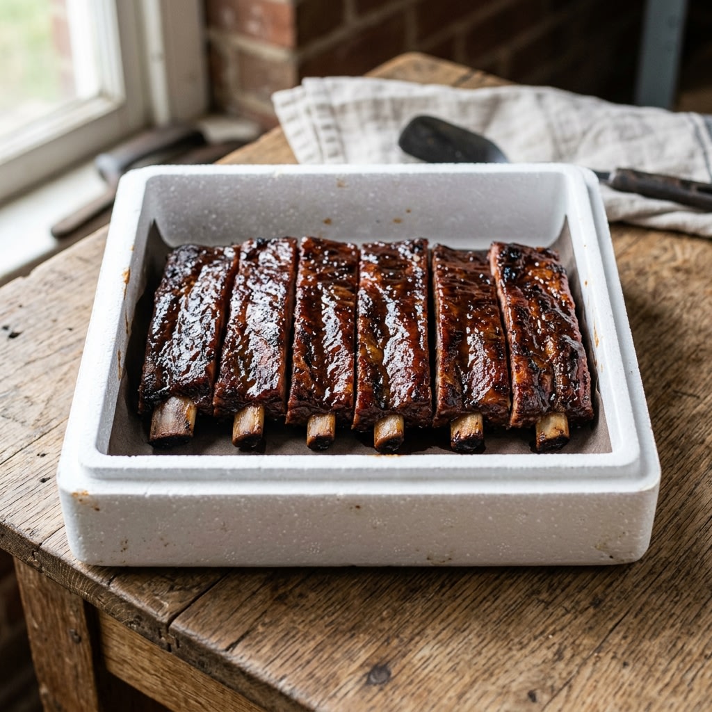 Glazed pork spare ribs arranged neatly in a white turn-in box