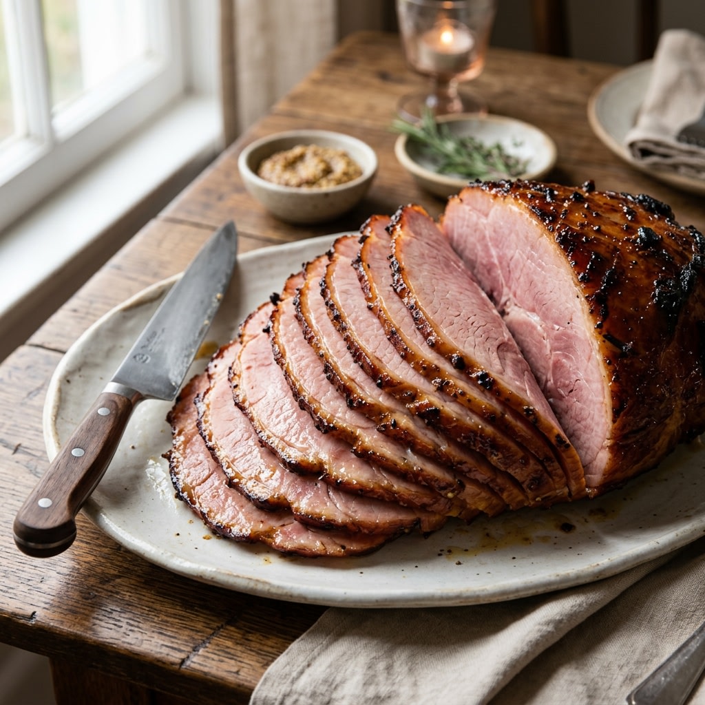 Instant-read thermometer probe in the thickest part of a glazed bone-in ham, away from the bone