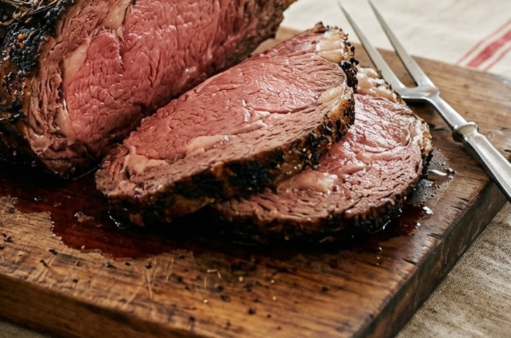 Thick slices of rested prime rib on a carving board, rosy pink from edge to edge under a dark crust